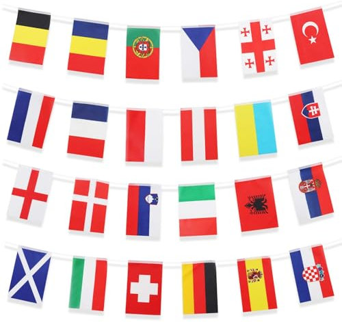 Funtery Cadena de banderas de fútbol EM 2024, banderines de la EM para Euro Fútbol 2024, 24 países, cadena de banderines, banderines EM decoración, 21 x 14 cm - 8,5 m
