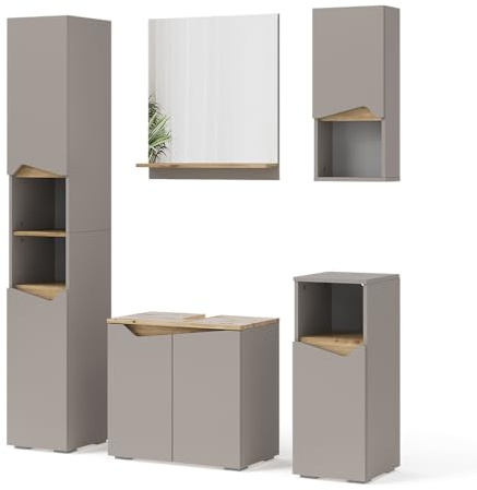 Vicco Badmöbel-Set Marelle, Greige, 60 cm | besteht aus Waschbeckenunterschrank, Spiegelschrank, Hochschrank, Midischrank und Hängeschrank