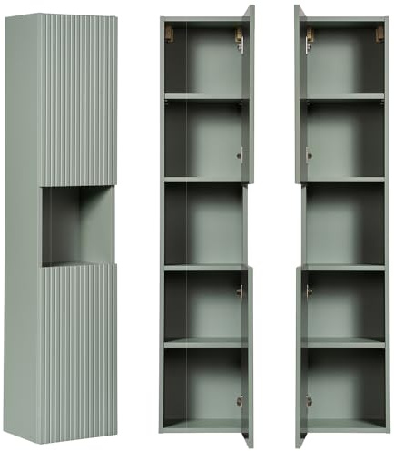 Lomadox Badezimmer Hochschrank, grün, 2 Türen, 1 offenes Fach, geringe Tiefe (30cm), gerillte Front, grifflos