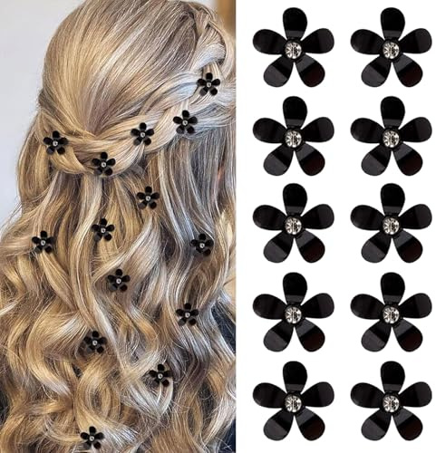 Mezrkuwr 10 Stück Schwarz Mini Blumen Haarspangen mit Strass, niedliche Haarspangen, Blumen Haarnadeln, dekorative Haarspangen, Hochzeit-Haarspangen, Blumen-Haar-Accessoires