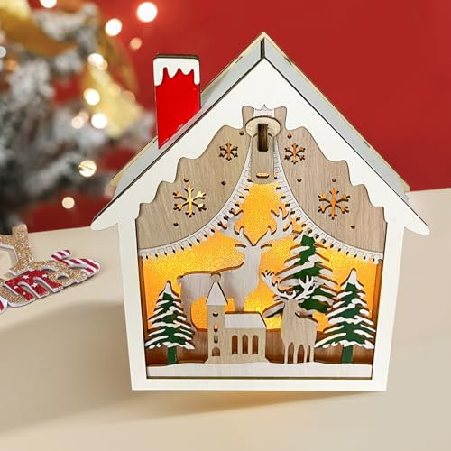 Bseical Decoración Navidad Casa Interior, Luces De Navidad Casita, Centro De Mesa Navidad, Decoraciones Navideñas De Madera con Led Luz, Adornos Navidad Hogar, Miniaturas Village Pueblo Escenas (A)
