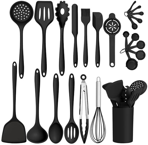 Homikit 24 Piece Kitchen Utensil Set, Silicone Cooking Utensils with Holder | Non-Stick Spatula Spoons Turners Safe for Cookware, Healthy, Healthy & Easy Grip, Heat Resistant & Dishwasher Safe, Black