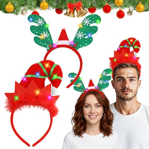 2 Stück Weihnachts Kopfschmuck,Weihnachten Stirnbänder,Haarreif mit LEDs,Leuchtende Haarreif,Weihnachtsmütze Kopfbedeckung Rentier Geweih Haarreifen,Weihnachtsstirnband Rot Grün für Erwachsene