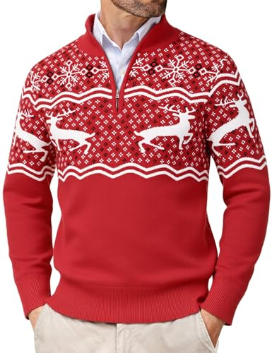 Wayleb Maglioni Natale 1/4 Zip Uomo Maglioncino Collo Alto Invernali con Renne e Fiocchi di Neve Casual Maglione Natalizi Pullover Maglia Dolcevita per Feste di Natali, Rosso S