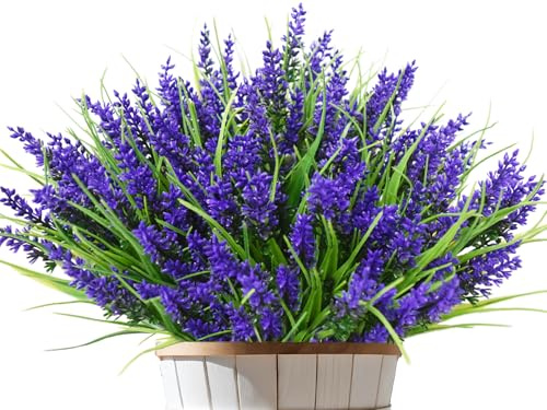 Kinisty 12 Bundles Artificial Flowers Outdoor Faux Lavender Plants, Purple | Decoration for Indoor, Outside, Garden, Planters & Window Boxes.