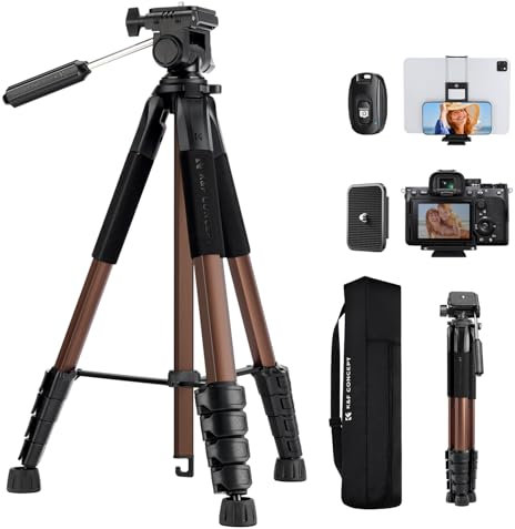 190cm/75'' K&F CONCEPT Compact Tripod for DSLR Camera, Camera Tripod for Canon Nikon Sony with 2-in-1 Phone Tablet Holder, Travel Stand with Bluetooth, Load Capacity 4kg (Bronze Gold)