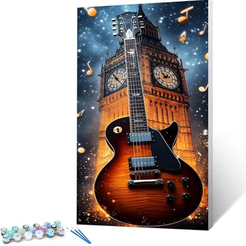 Malen Nach Zahlen Erwachsene Kinder Gitarre, 35 x 70 cm Groß Paint by Numbers mit Leinwand Pinseln Acrylpigment, Big Ben DIY Handgemalt Malen Nach Zahlen ab 7 Jahre Mädchen für Zimmer Deko X/3-3