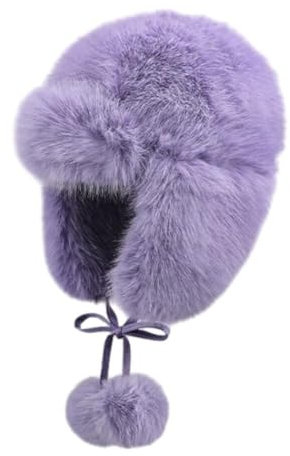 2025 Pelzige Trappermütze Für Damen Kunstpelz Uschanka Mütze Wintermütze Mit Warmem Ohrenschutz Outdoor Skimütze Mit Bommeln(Purple)