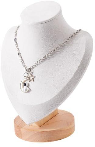 NBEADS Necklace Display Stands, Microfiber Necklace Bust Display Stands with Wood Base Jewelry Holder Necklace Chain Display for Home Store Trade Shows, White, 14x8.5x18.5cm