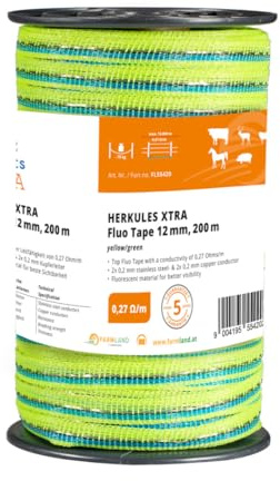 Farmland Herkules Xtra Power Weidezaunband - 200 Meter Weidezaun Band mit 0,27 Ohm/m Widerstand - Robustes Weideband mit NIRO und Aluleitern - 12 mm breites Weidezaun Breitband für alle Tierarten