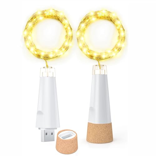 Dumcuw Bottle Lights, 20 LED Fairy Lights Battery Operated USB Rechargeable 2024 Upgraded Bottle Light with Cork for Christmas Decorations(Warm White, 2 Pack)