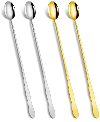 10 Inch Long Handle Ice Tea Spoons Set of 4 - Innovative Gourd-Shaped Handle Ideal for Iced Tea, Coffee, Ice Cream & Cocktails | Stirring Spoons for Drinks & Desserts(2 Gold & 2 Silver)