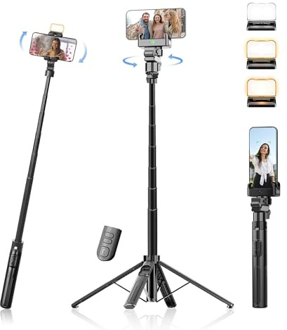Auto Face Tracking Tripod & 360° Rotating Selfie Stick with Light, Smart AI Motion Sensor, Facial Recognition, 1-Axis Gimbal Stabilizer Phone Holder for iPhone/Android, TikTok Video Recording/Vlog