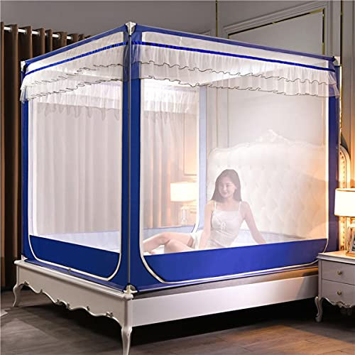 Premium-Moskitonetz-Baldachin für Betten, passend für Einzel- bis King-Size-Bett, Polyester, Anti-Moskito-Vorhang, einfache Installation, 3-Türer, Schlafzimmer, Zelt, Blau, 150 x 200 cm