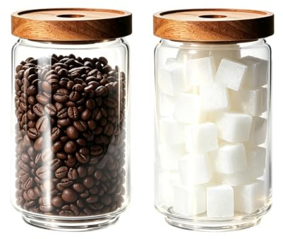 Glass Jars with Airtight Wood Lids - 750 ML Kitchen Pantry Storage Container, Decorative Canister for Coffee Bean, Sugar, Spice, Cereal, Oat, Cookie, Candy, Tea, Nuts, Cereal, Treat, Fusilli, Set of 2