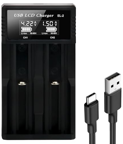 3.7V Cargador Pilas 18650 21700, 2 Ranuras Li-Ion Cargador de Pilas Recargables para 26650 20700 21750 18500 18490 17500 17650 Ni-Mh/Ni-CD AA/AAA C SC con Pantalla LCD y Cable de Carga USB