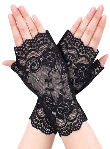 Handschuhe Spitze,Hexen Handschuhe Damen,Schwarz Kurze Fingerlose,Kostüm Spitzenhandschuhe Armstulpen,Feder mit Party,für Fingerlos Gestrfingerhandschuhe,Satinhandschuhe Vampir Partyhandschuhe
