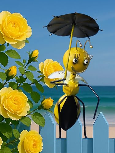 Pommerntraum ®| Regenmesser Pluviometer Biene Niederschlagsmesser Tierfigur | Ombrometer Gartenstecker Gartendeko Insekten Bienendeko Handarbeit Gartenkunst Geschenkidee Gartenfigur (LADY BEE MIT SCHIRM)