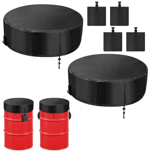 2-PCS 55 Gallon Drum Covers with 4 Windproof Weights Sand Bags(No Sand), 420D Waterproof Coating Oxford Cloth Rain Barrel Lid with Adjustable Drawstring, All-Weather Protection for Outdoor Storage