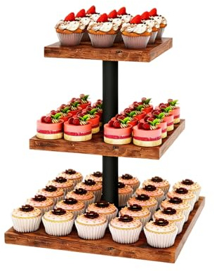 NCONCO Cupcake Stand, 3 Tier Rustic Wooden Cake Stand Dessert Display Holder for Wedding Birthday Party Holds up to 57 Cupcakes
