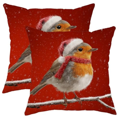 Christmas Throw Pillow Covers Set of 2, Red Robin Bird Decorative Cushion Cases, Holiday Farmhouse Decor for Sofa Couch Bed 16x16 Inch