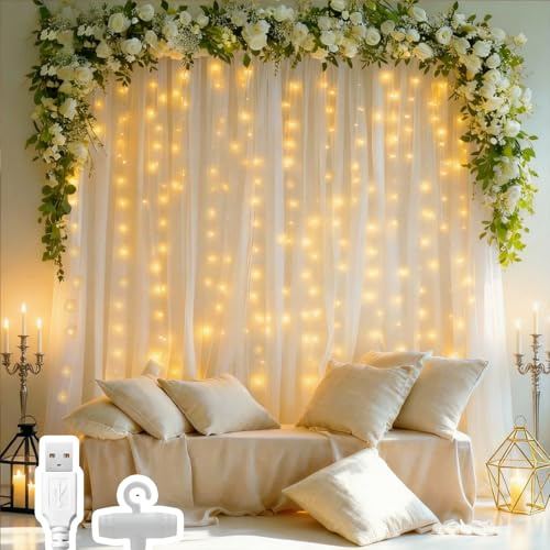 AdalyRoma 1X1M Lichtervorhang Innen,USB Lichterkette Vorhang 100LED mit 10 Haken für Hochzeit,Party,Schlafzimmer,Weihnachten,Terrasse,Innen und außen Deko