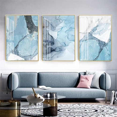 3 Imágenes Set-Cuadros Modernos Abstractos Con Textura de Mármol Azul Sobre Lienzo Arte Mural Pósteres e Impresiones Sala de Estar Oficina Cocina y Decoración Hogar-40*60cm=16*24 pulgadas(sin marco)