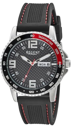 REGENT Reloj de cuarzo con escala taquimétrica, correa de silicona, esfera negra, 10 bar, F-1650