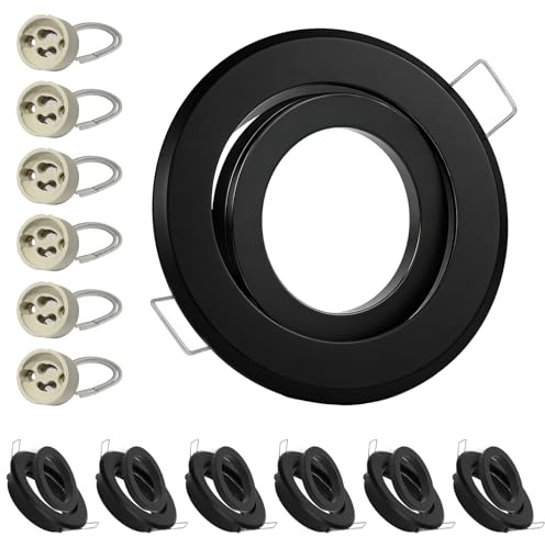 Dehobo Aluminium Einbaustrahler GU10 Einbaumaß Ø 68mm-80mm mit GU10 Fassung | Deckenspots Schwarz, Einbaustrahler GU10 Set Schwenkbar, Einbauleuchten Rahmen, Einbauspots für LED oder Halogen, 6x