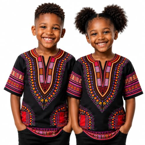 Adalex Global Dashiki African Kids Shirt Traditional Design, Authentic Clothes for Children Ethnic Patterns and African Print Boy Girl (UK, Age, 10 Years, 12 Years, Regular, Black Purple)