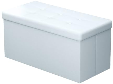 Cadorabo Intirilife Faltbare Sitzbank 78x38x38 cm in OPALIN Weiss - Sitzwürfel mit Stauraum und Deckel aus Kunstleder mit Polsterknöpfen - Sitzcube Fußablage Aufbewahrungsbox Truhe Sitzhocker