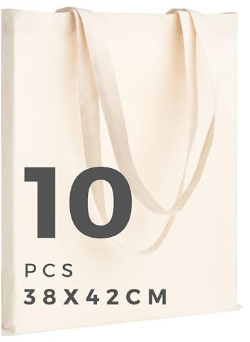 POLHIM Baumwolltasche 38x42 – Stoffbeutel | Stofftasche | Jutebeutel, unbedruckt, lange Henkel, zum Bemalen & Bedrucken – 10er-Pack