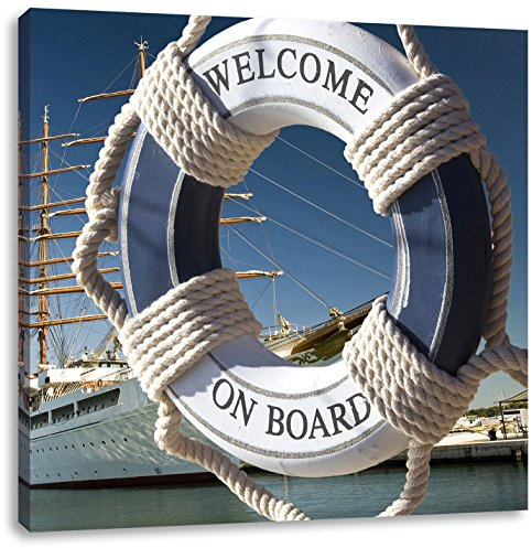 Pixxprint Rettungsring vor Schiff, Größe: 60x60, Leinwandbild Quadratisch, Wandbild, Kunstdruck, fertig bespannt