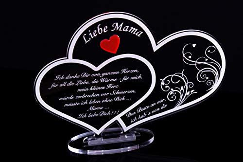 Acryl Schild in Doppelherz Form Liebe Mama, Perfekt zu Muttertag oder Weihnachten, mit Lasergravur, Geschenk, 220 mm x 160 mm (Doppelherz-Schild Liebe Mama)