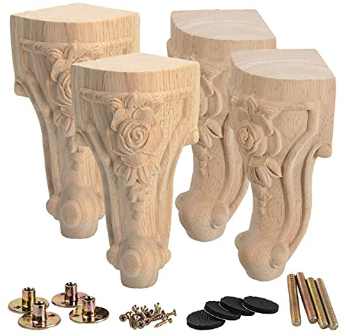 La Vane 20cm Europäische handgeschnitzt Massivholz Möbelfüße 4 Stück | Klassisch Naturholz Geschnitzte, 100kg/Fuß. Für Sofa Bett Schrank Couchtisch. Inkl. Reservezubehör. Für erfahrene Heimwerker