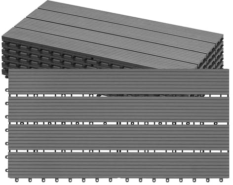 Laneetal Dalle de Terrasse WPC Emboîtable, Lot de 12 Carreaux de Sol Extérieur à Clipser pour Patio, Terrasse, Balcon, Piscine, 30x60 cm, Marron Clair