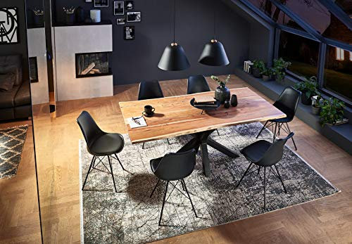 SAM 7 TLG. Essgruppe Quincy 160 x 85 cm, Akazienholz massiv & naturfarben, Baumkantentisch mit Spider-Gestell Schwarz + 6 x Stuhl Lerche schwarz