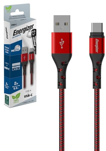Energizer - Cable de carga USB-C trenzado - Cable para cargador largo - Alta resistencia - Rojo