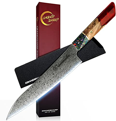 GRAND SHARP Couteau de Cuisine Damas 22cm, Couteau de Damas de Chef en Acier - Damas Japonais 67 Couche Acier Couteaux de Cuisine pour Coupe Viande, Légumes, Fruits