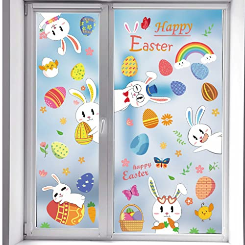 eBoutik - Osterdekorationen 2023 - Osterhase & Osterei Bunte Dekoration für Kinder Ostereiersuche - Vorgeschnittene und wiederverwendbare Osterfensteraufkleber