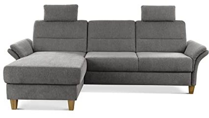 CAVADORE Eckcouch Wyk mit Federkern / Ecksofa im Landhaus-Stil mit Longchair, 2 Kopfstützen + Holzfüßen / 252 x 90 x 162 / Chenille, Grau