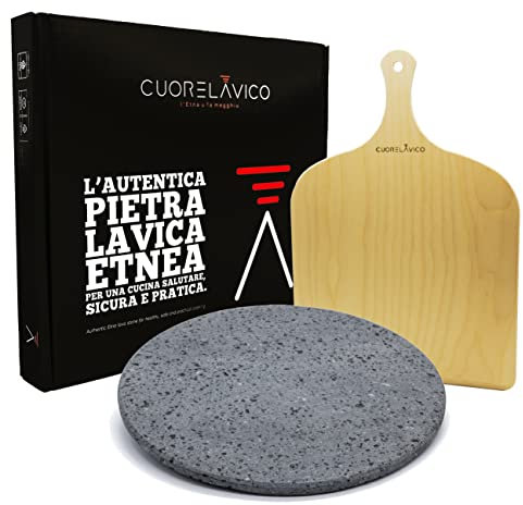CUORE LAVICO – KIT PIASTRA REFRATTARIA IN PIETRA LAVICA ETNEA TONDA PER PIZZA DIAMETRO 33 CM + PALA - SP. 1 CM COMPATIBILE CON FORNO ILLILLO - MADE IN ITALY