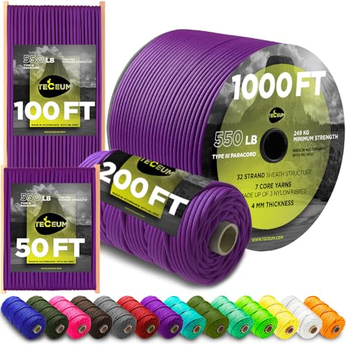 TECEUM Paracord Rope Type III 550 – Tactical MIL-SPEC – Outdoor Para Cord | Purple, 30m, Clothesline, Camping Fishing Gear and Equipment, DIY, Parachute Cord 4mm, Strong Survival Utility Rope