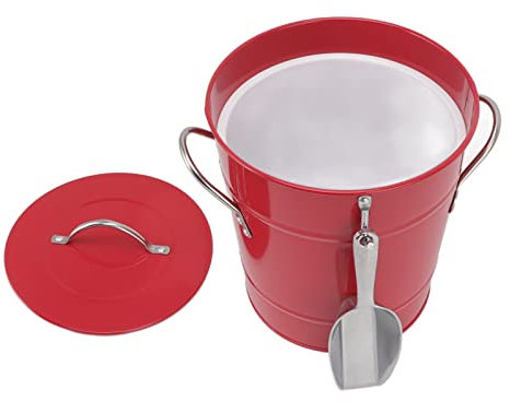 Eiskübel mit Schaufel und Deckel, Doppelwandiger Eisbehälter für Eiswürfel mit Griff, Hält Eis Länger Gefroren, Ideal für die Hausbar, Zum Kühlen von Bier, Champagner, Weinflaschen(Rot)