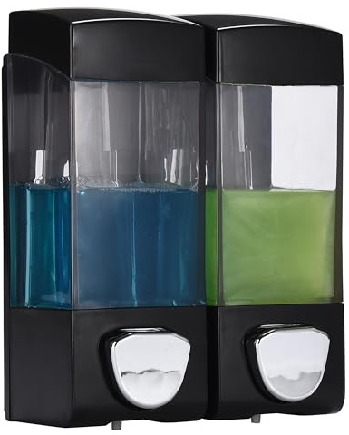 2LB Depot Wandmontierter Shampoo- und Conditioner-Spender - 2 Chambers, je 350 ml, Nachfüllbare Lotionflaschen, Manuell, Einfache Klebeinstallation, Ideal für Dusche, Badezimmer, Industrie - Schwarz