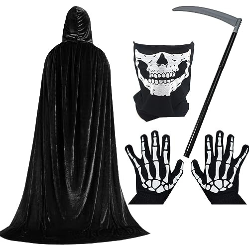 Faburo Disfraz Halloween para Hombre Adulto|Disfaces de Muerte Completo con Capa Negra con Capucha, Máscara de Calavera,Guantes de Esqueleto y Guadaña Ajustable|Reaper Costume para Fiesta de Halloween