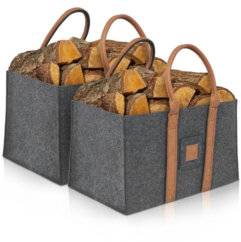 OAKAGE® Einkaufstaschen Faltbar [2er Set] Filztaschen Shopper Holzkorb für Kaminholz Groß Kaminholzkorb Filzkorb Feuerholzkorb Brennholzkorb Kaminkorb Kaminholztaschen | Korb Dunkelgrau