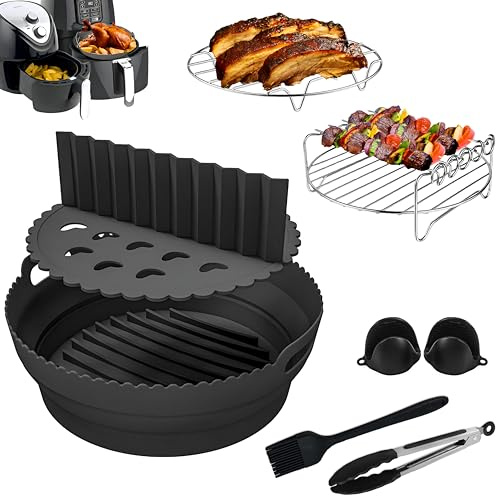 9 Pcs Premium Air Fryer Accessories, Collapsible Round Silicone Air Fryer Liner, Design to fit AF100UK, AF160UK, Ninja 15 in 1 Multicooker, 3.8L & Above Round Air Fryer, 2.6mm Thickness (Black)