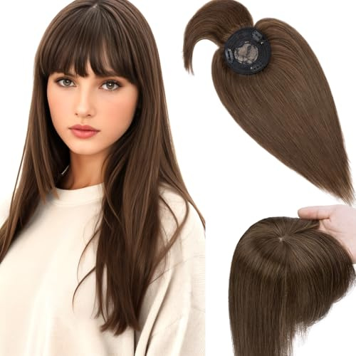 Elailite Hair Topper Echthaar, Toupet Damen mit langem Pony, Clip in Haarteil, Haartopper Basis 10x10cm (keine Zeile), 45cm #4 Mittelbraun