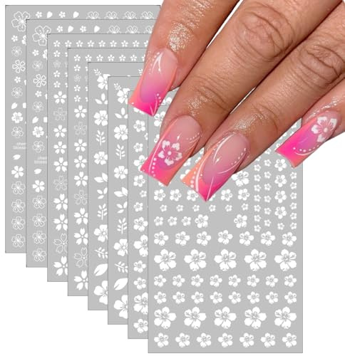 8 Bögen Nagelsticker mit weißen Kirschblüten, 3D-Blätter- und Blütenmotiven, Frühlings- und Sommer-Nagelsticker mit floralem Muster für Frauen und Mädchen zum Selbermachen